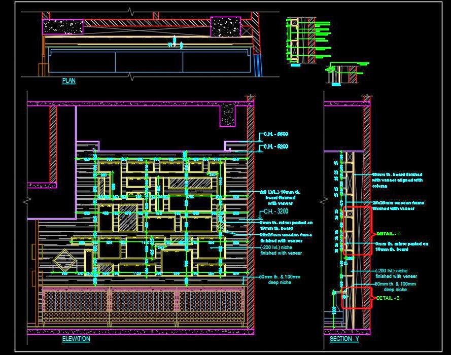 Modern Interior Feature Wall DWG with Random Niches and Mirrors